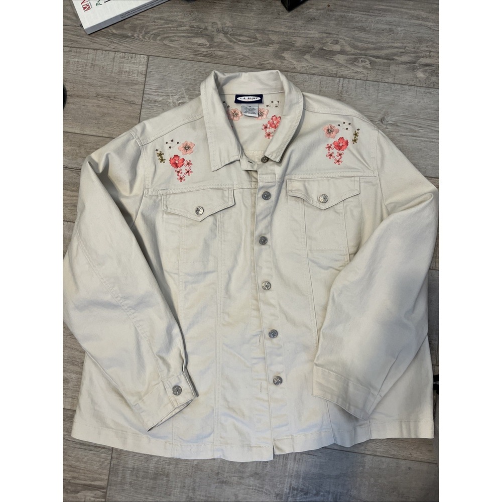 Vintage 90s LA Blues Embroidered Denim Jacket Flowers Size 2x Beige